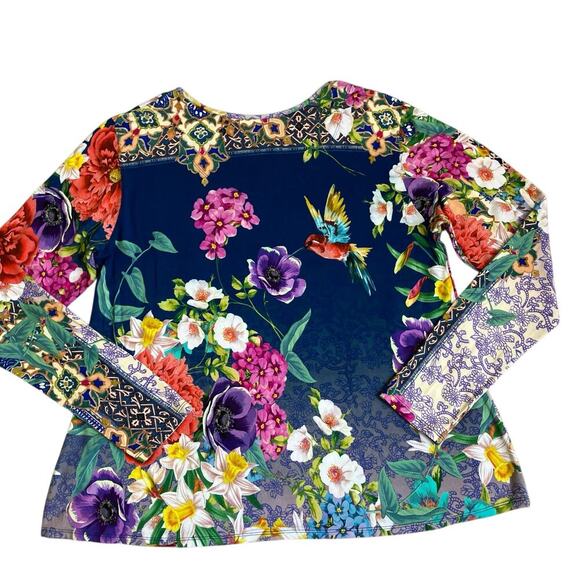 Johnny Was Sz M Sunrise Favorite Top Floral Hummingbird Colorful Bright Bamboo - Picture 12 of 16